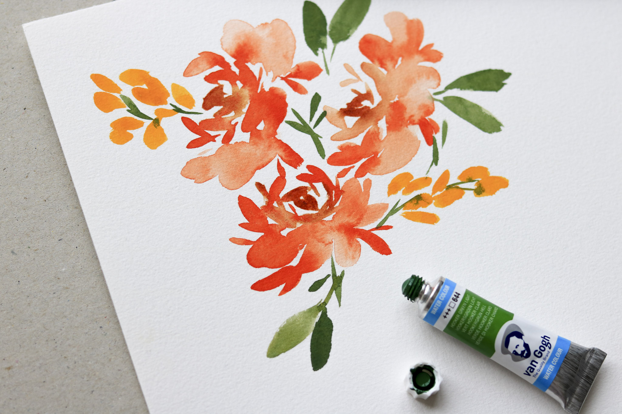 Loose Watercolor Rosen mit Katzenzungenpinsel